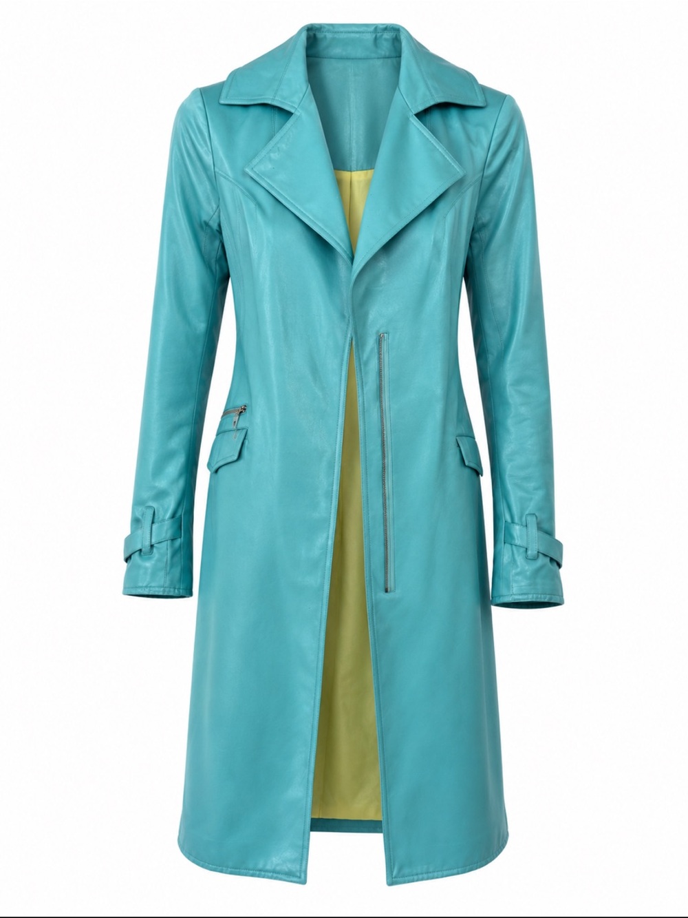 100% Silk Tiffany Blue Mid-Length Trench Coat with Notch Lapel
